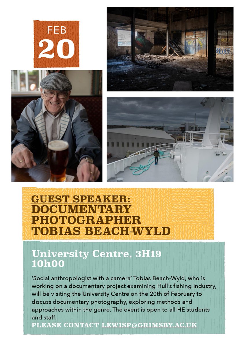 Guest speaker / Thursday: Tobias Beach-Wyld (@RedSnapper1988) will be visiting <a href="/unicentregy/">UCG</a> to speak about #documentaryphotography &amp; his project focusing on Hull's fishing industry.

<a href="/gifhe/">Grimsby Institute</a> <a href="/gicreativearts/">Great Island Creative Arts</a> <a href="/gi_arts_he/">HE Arts | Grimsby</a> 

#studyphotography #photography #enrichment