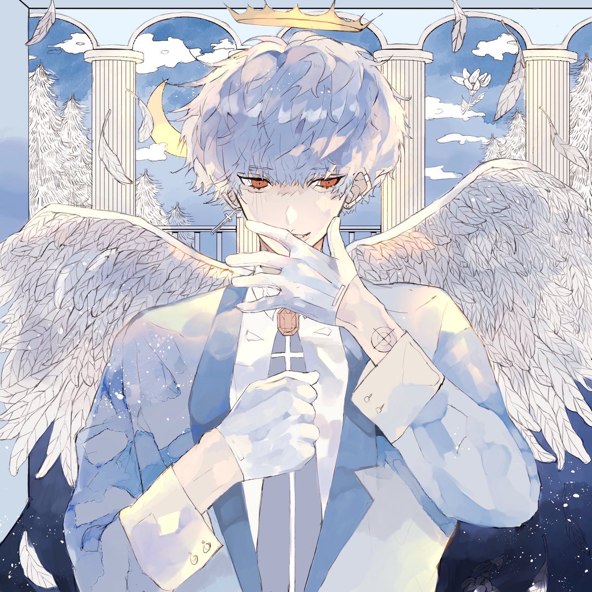 1boy male focus gloves horns closed eyes wings solo  illustration images