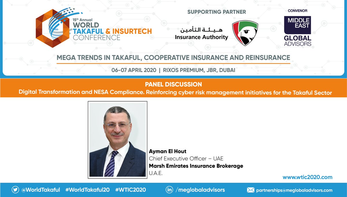Meet Ayman El Hout from @marshglobal as he discusses about digital transformation and NESA compliance at the 15th Annual <a href="/WorldTakaful/">WTIC 2020</a>; Register your interest now: bit.ly/2RTtqCb More Info: wtic2020.com #WTIC2020 #WorldTakaful20