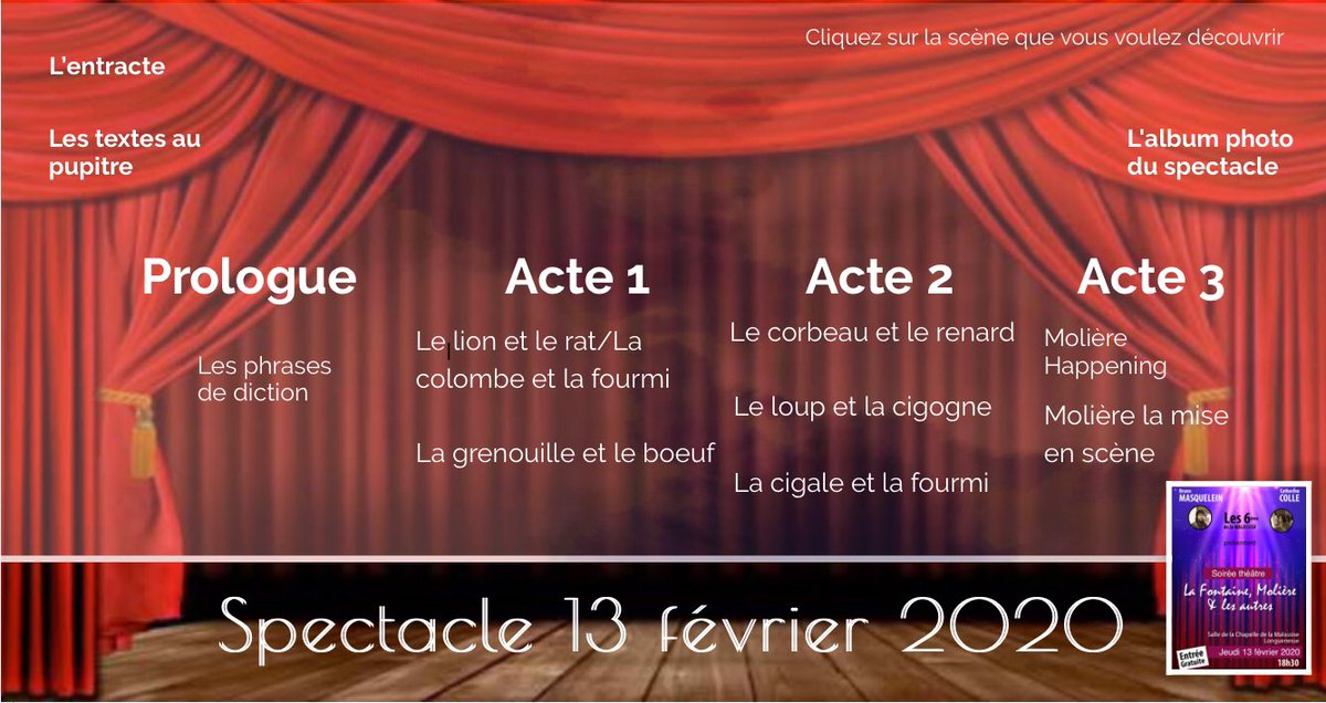 Le #spectacle pour rendre hommage à #laFontaine #Moliere #Gudule par les 110 élèves de <a href="/mala6_e/">Mala6se</a> c’était ce jeudi.
Toutes les scènes et les photos ici 👇
view.genial.ly/5e48df43749a82…