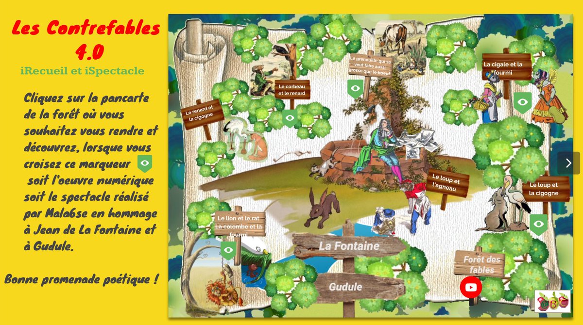 A découvrir : la promenade virtuelle dans la forêt des fables, un iSpectacle et iRecueil par <a href="/mala6_e/">Mala6se</a>  à ne pas rater : LES CONTREFABLES 4.0 ou l’œuvre de Gudule augmentée des pensées des personnages, d’échanges numériques et des scènes jouées en public.
view.genial.ly/5e48783f32473f…