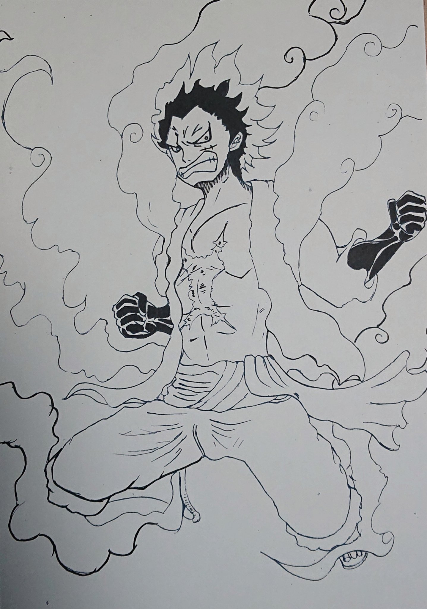 バンノッチ ギア４ スネイクマン ｺﾔｯｷｰch とーやさんの言葉を借りるなら躍動感 は だしたいなぁと思って描いたんですが 髪の毛の迷走を下書からお楽しみください ワンピース ルフィ ギア４ スネイクマン イラスト T Co