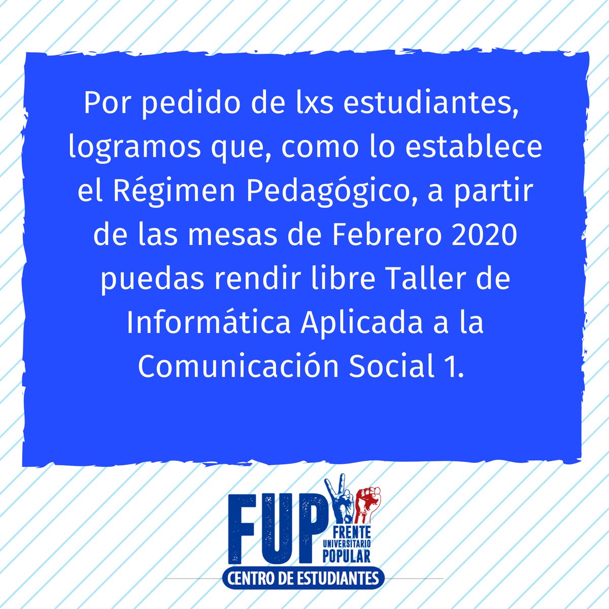 Descaunnecom's tweet photo. LOGRO DE GESTIÓN | Por pedido de lxs Estudiantes y en cumplimiento con el artículo 35° del Régimen Pedagógico de la Facultad de Humanidades, logramos que la materia Taller de Informática Aplicada a la Comunicación Social I pueda rendirse libre en las mesas de exámenes. 💪 https://t.co/6huC6QhTvf