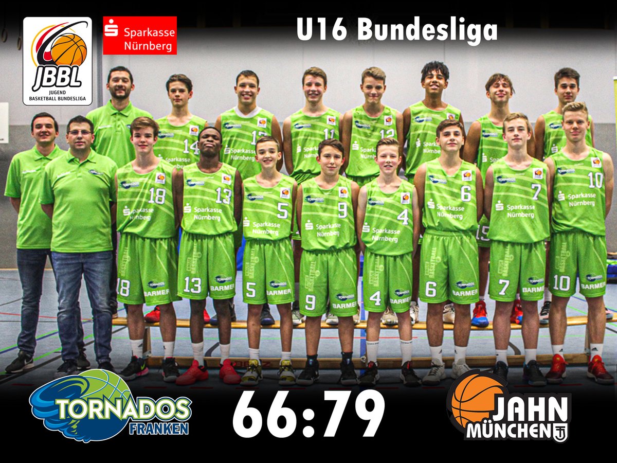 TornadosFranken's tweet photo. Die @spknuernberg präsentiert das Ergebnis des heutigen Spiels in der #U16 #Bundesliga. Trotz grandioser Leistung im letzten Viertel unterliegt unser @barmer Basketball Akademie @TornadosFranken #JBBL Team vs. #tsjahnmuenchen mit 66:79. 
#oneteam #falkenstark #basketball https://t.co/Iv0nmCgAVz