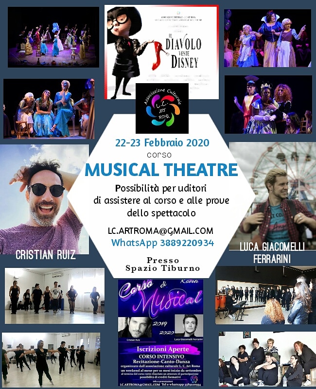 Il nostro Corso di Musical Theatre è sempre aperto anche agli UDITORI
Potrete scegliere un giorno oppure due, 
comunque sarà una esperienza molto intensa piena di arte, teatro e musica in compagnia di Luca Giacomelli Ferrarini e Cristian Ruiz
22 e 23FEBBRAIO
lc.artroma@gmail.com