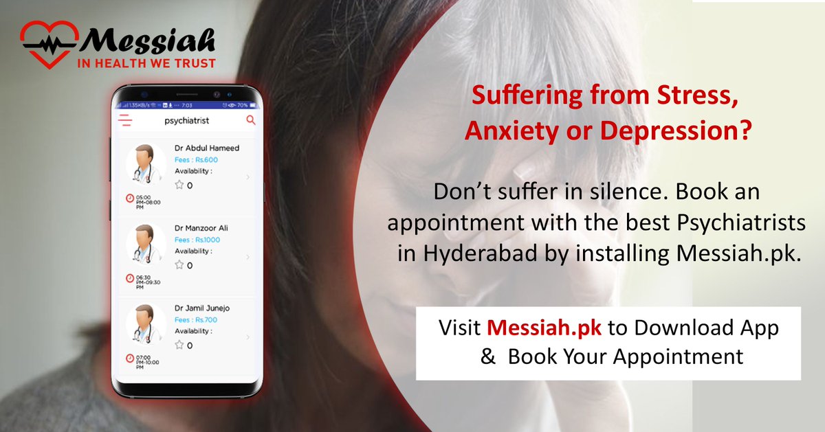 MessiahPK's tweet photo. Suffering from Stress, Anxiety or Depression?

DON'T SUFFER IN SILENCE. 

Install Messiah to book Appointment with Top Psychiatrists in Hyderabad, Sindh such as Dr. Jamil Junejo, Dr. Manzoor Ali and Dr. Abdul Hameed.

#BookAppointment  #HyderabadSindh #Hyderabad https://t.co/ozY6yvzqEb