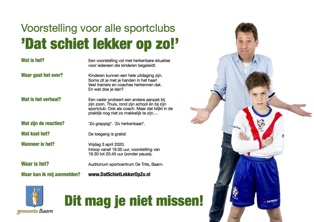 Op vrijdag 3 april aanstaande geven we een voorvertoning van onze theatervoorstelling 'Dat schiet lekker op zo!' voor alle sportclubs in Baarn!

<a href="/GemeenteBaarn/">Gemeente Baarn</a> 

#positiefklimaat #sportplezier #sport #voorstelling #voorstellingvoorsportclubs #sportclubs #vsk #sportakkoord #baarn