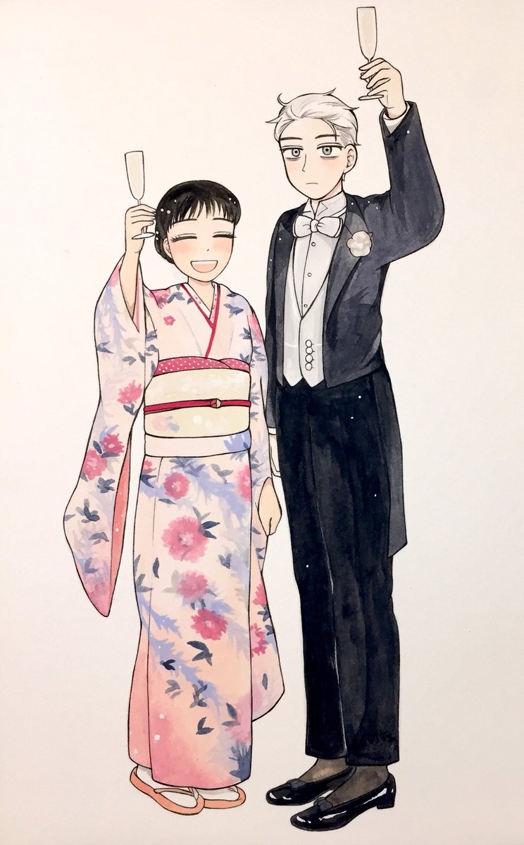 ゲッサン10周年の時の絵です!ここぞとばかりに着物とオペラパンプスを描いたけど、雑誌では隠れちゃった。 