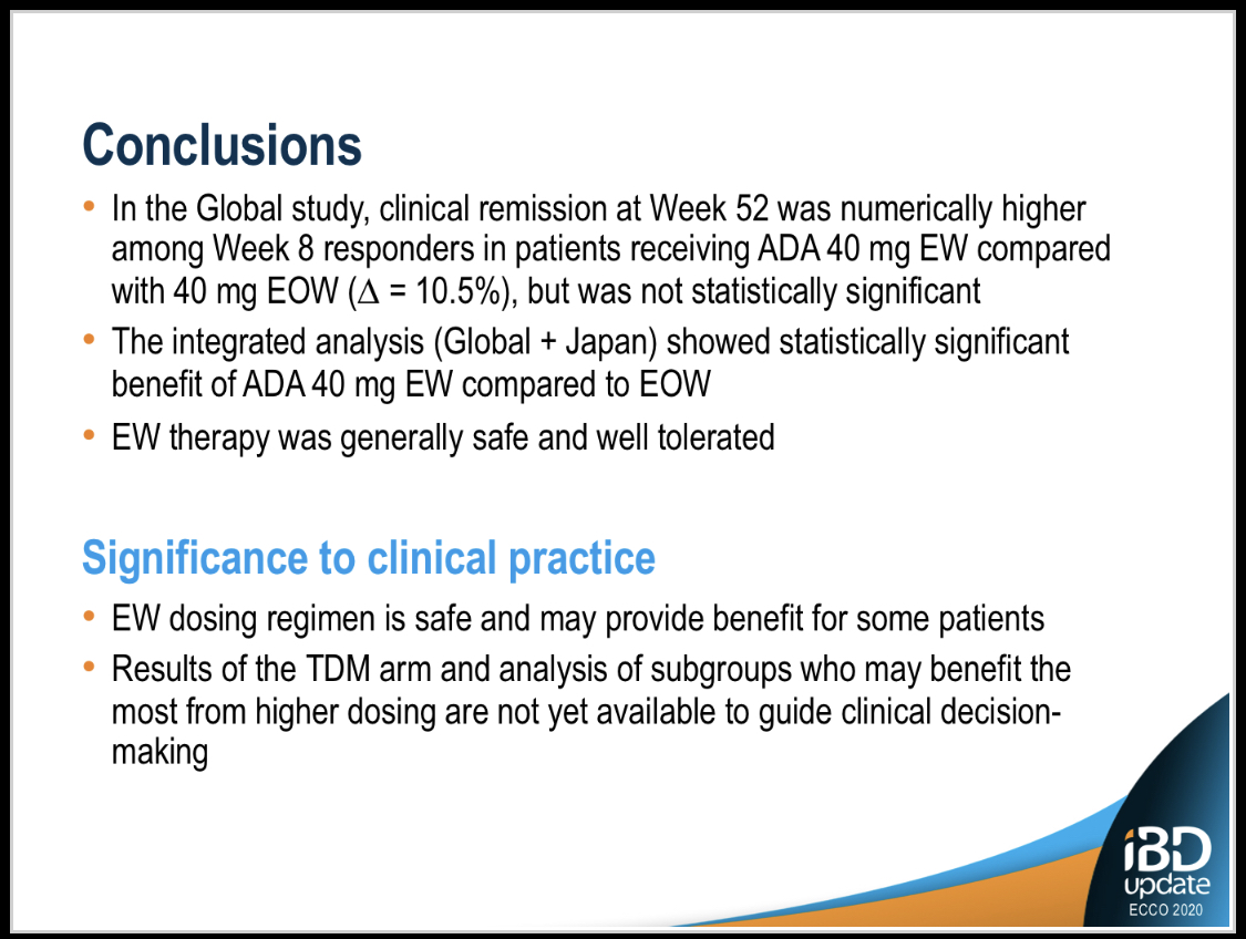 waqqasafif's tweet photo. 2/4 UC SERENE: Integrated analysis (global+Japan) showed statistically significant benefit of ADA 40 mg EW compared to EOW. The TDM arm eventually made it to the same concentrations as EW (80% dose escalation). EW dosing leads to 10% delta #japansavesTDM #ECCO20 #IBDupdate https://t.co/eObCUrXM34