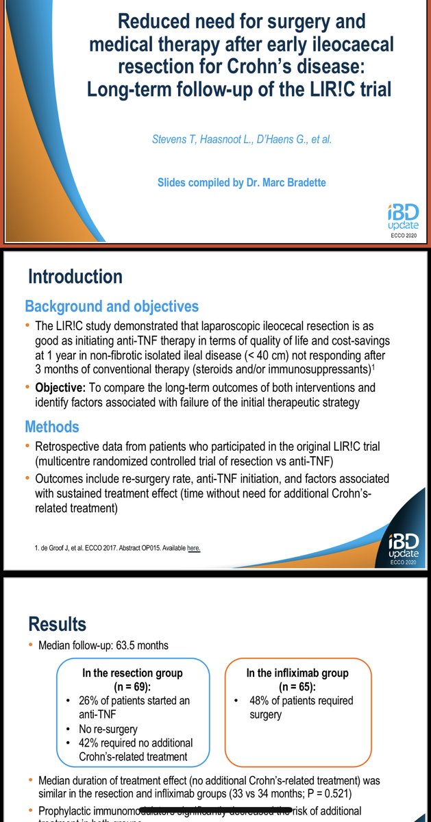 waqqasafif's tweet photo. 3/4 LIR!C long-term fu for ileal resection: Surgery group (26% started anti-TNF, no re-surgery, 42% required no additional CD treatment); IFX group (48% of patients required surgery). Resection a reasonable option, but no endoscopy data presented! #ECCO20 #IBDupdate https://t.co/pHt7ZUgifz