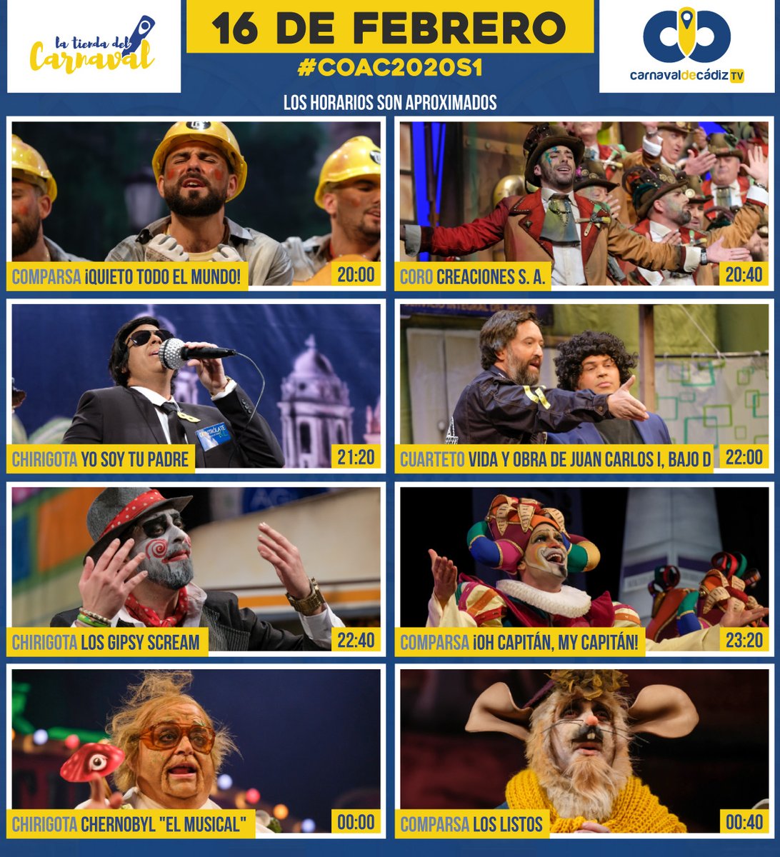 CarnavalCadizTV's tweet photo. Orden de actuación de las Semifinales del COAC 2020
⬇️⬇️⬇️⬇️⬇️
https://t.co/SVRMMeMfTl https://t.co/DJCYk6WMtJ