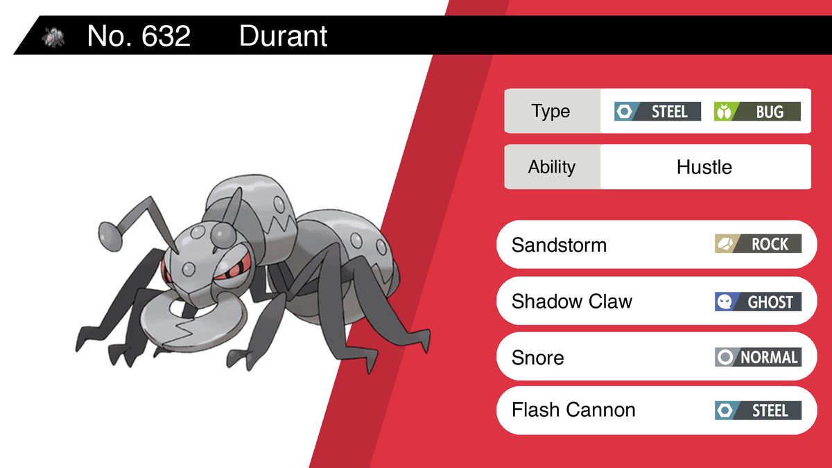 Durant Ability: Hustle Moves: Sandstorm, Shadow Claw, Snore, Flash Cannon. ...