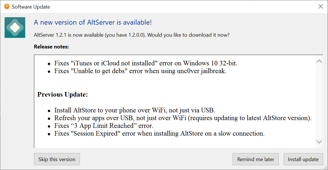altstoreio's tweet photo. Thanks testers for your quick feedback! AltServer Windows 1.2.1 is now available for everyone, which fixes the “Unable to get debs” #unc0ver error, as well as an issue locating iTunes/iCloud on 32-bit PCs. To update, just click “Check for Updates…” from AltServer menu ✅ https://t.co/ovPQsDmXdo
