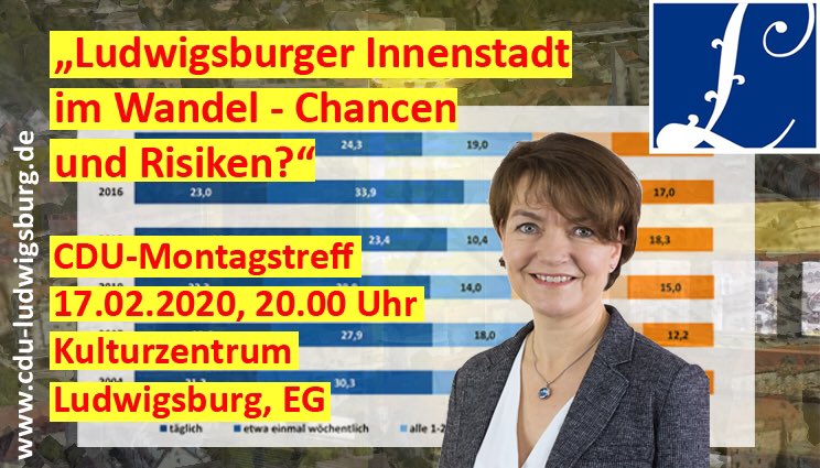 CDU-Montagstreff 17.02.2020, 20:00 Uhr, Vortrag im Kulturzentrum

Mit CDU-Stadträtin Dr. Edith Klünder und dem #teamludwigsburg zum Thema "Ludwigsburger Innenstadt im Wandel - Chancen und Risiken" mit Schwerpunkt auf der neuen GMA-Analyse und ZIEL.