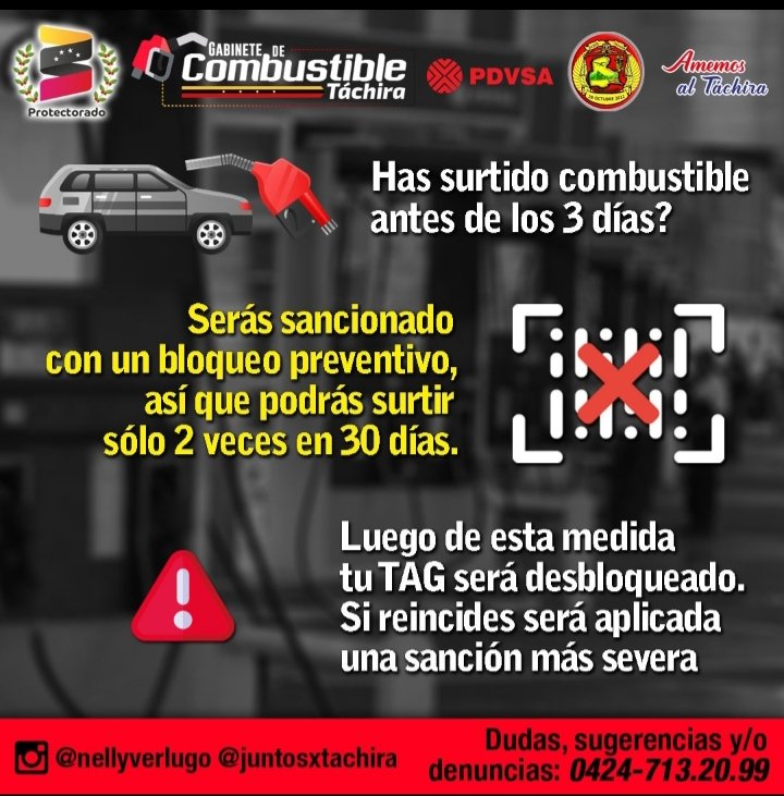 #GabineteDeCombustible | IMFORMA Si has surtido combustible antes de los 3 días, Seras sancionado con un bloqueo preventivo, así que podrás surtir sólo 2 veces en 30 días, luego de esta medida tu TAG será desbloqueado si reincide será aplicada una sanción más severa