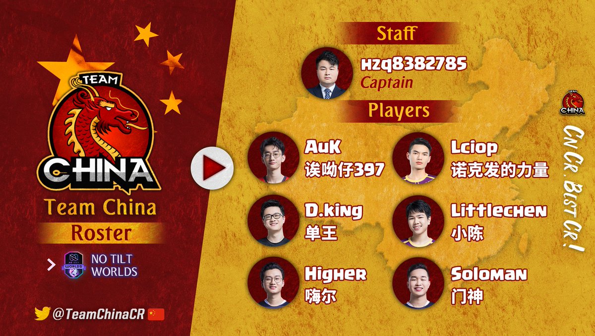 TeamChinaCR (@teamchinacr) on Twitter photo 🇨🇳Team China roster for <a href="/NoTiltGG/">No Tilt</a>
🕵️<a href="/hzq8382785/">hzq8382785</a>
🦸♂️<a href="/aurora4270/">Au_CR</a>
🦸♂️Dking
🦸♂️@edgm_w
🦸♂️<a href="/LciopCRCN/">Lciop</a>
🦸♂️<a href="/LittlechenCRCN/">Littlechen🇨🇳</a>
🦸♂️@edgm_soloman 🇨🇳Team China roster for <a href="/NoTiltGG/">No Tilt</a>
🕵️<a href="/hzq8382785/">hzq8382785</a>
🦸♂️<a href="/aurora4270/">Au_CR</a>
🦸♂️Dking
🦸♂️@edgm_w
🦸♂️<a href="/LciopCRCN/">Lciop</a>
🦸♂️<a href="/LittlechenCRCN/">Littlechen🇨🇳</a>
🦸♂️@edgm_soloman