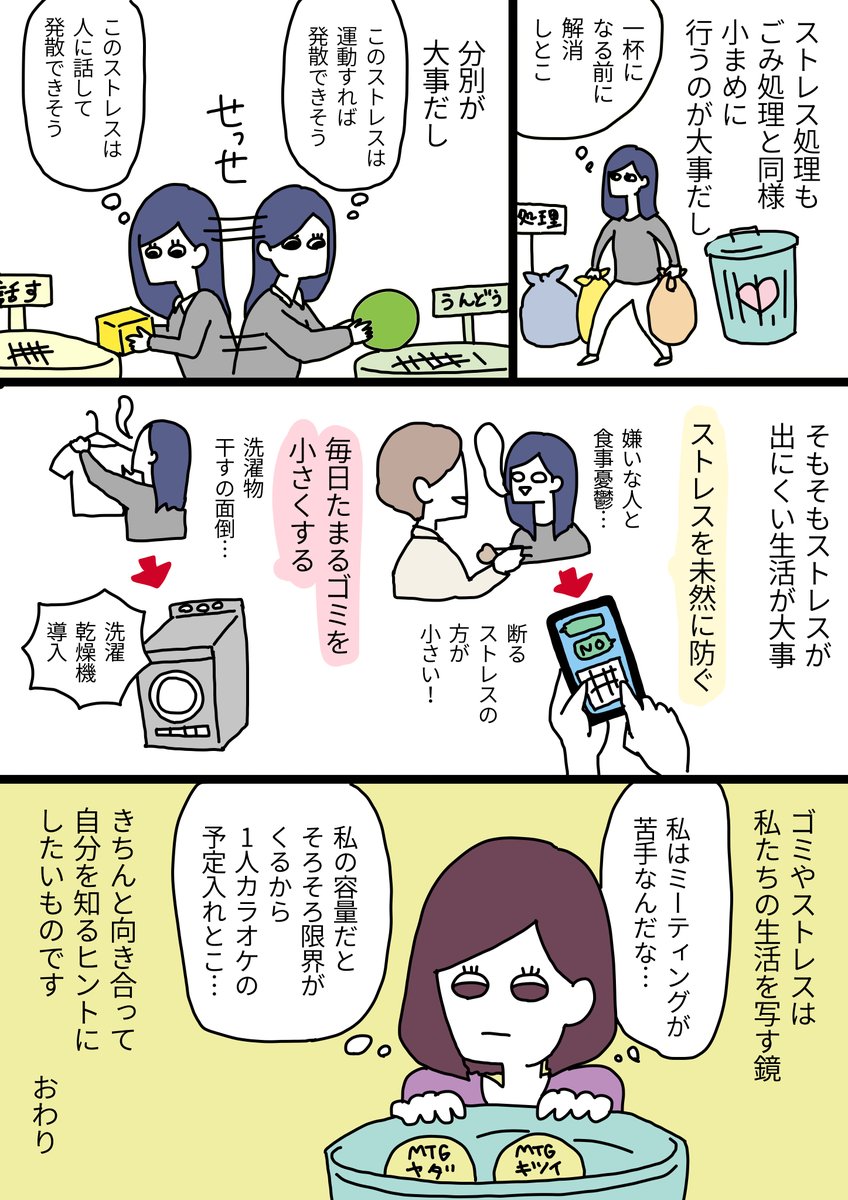 ストレスと心のキャパシティについての漫画です。どんなゴミにもそのゴミが生まれた理由があるように、どんなストレスにも、そのストレスが生まれた理由がある。そこをきっちり観察することが大事だねえという話です。ついつい、今目の前にある問題に気をとられちゃいがちですよね。#エッセイ漫画 