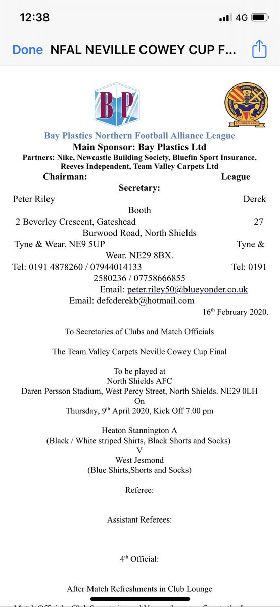It has been confirmed that our cup final against west jesmond in Neville Cowey Cup has been scheduled for a 7pm ko on Thursday, 9 April at North Shields FC. Hopefully we can get lots of the Stan Army along to support us and cheer us on to the victory!