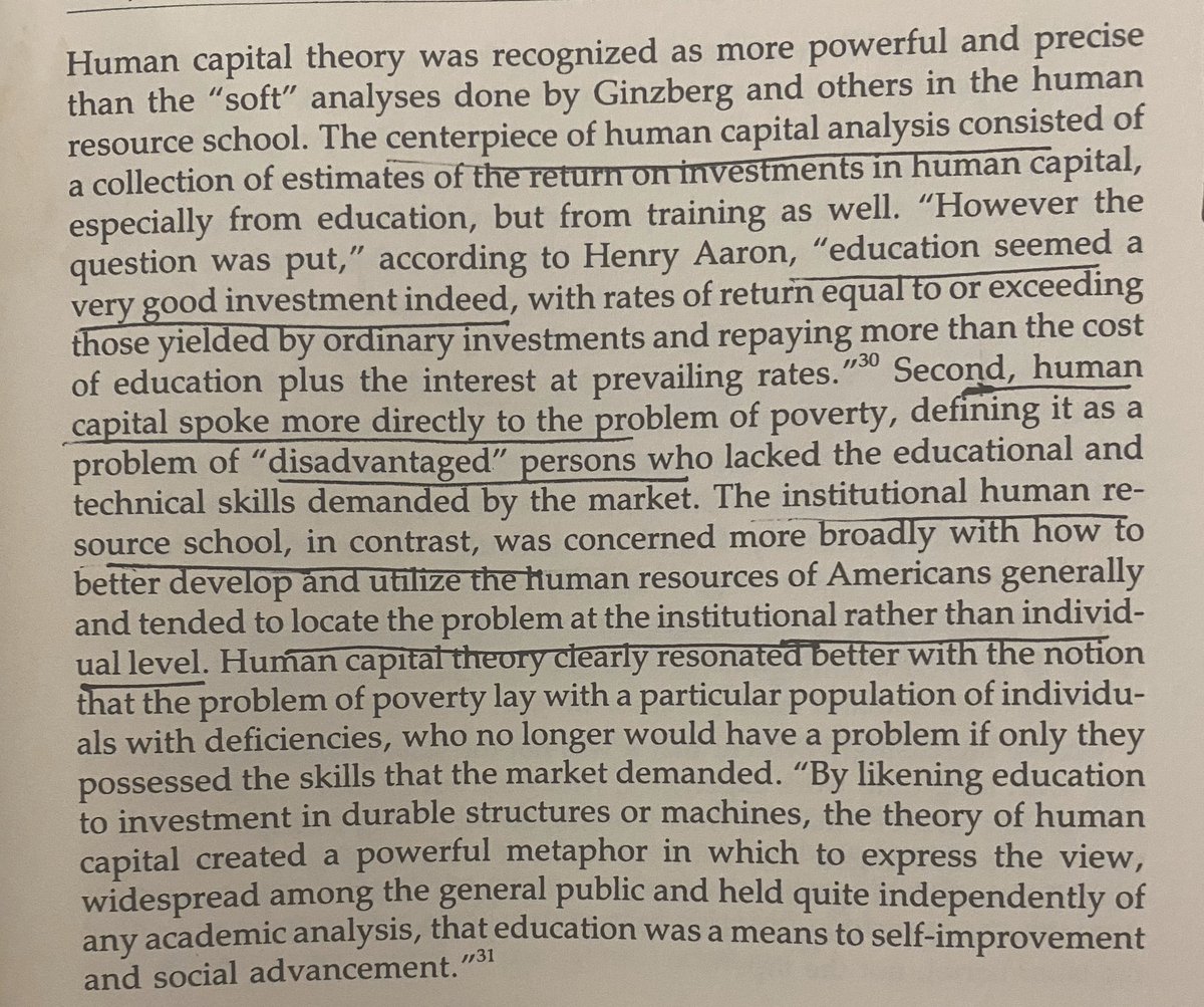 nail in coffin of federal jobs policy: human capital economist (like Gary Becker) argued unemployment stemmed from disadvantaged *individuals* not market institutions, more training not more jobs needed. then folded into War on Poverty, no longer support tech-displaced workers