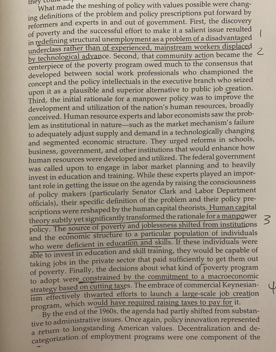 nail in coffin of federal jobs policy: human capital economist (like Gary Becker) argued unemployment stemmed from disadvantaged *individuals* not market institutions, more training not more jobs needed. then folded into War on Poverty, no longer support tech-displaced workers