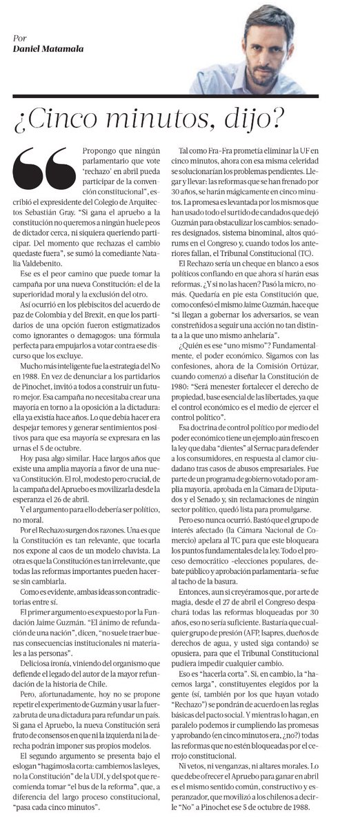 “¿Cinco minutos, dijo?”
Columna de Daniel Matamala en <a href="/latercera/">La Tercera</a> 👇