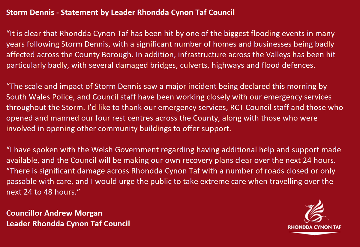 Storm Dennis - Statement by Leader of Rhondda Cynon Taf Council: