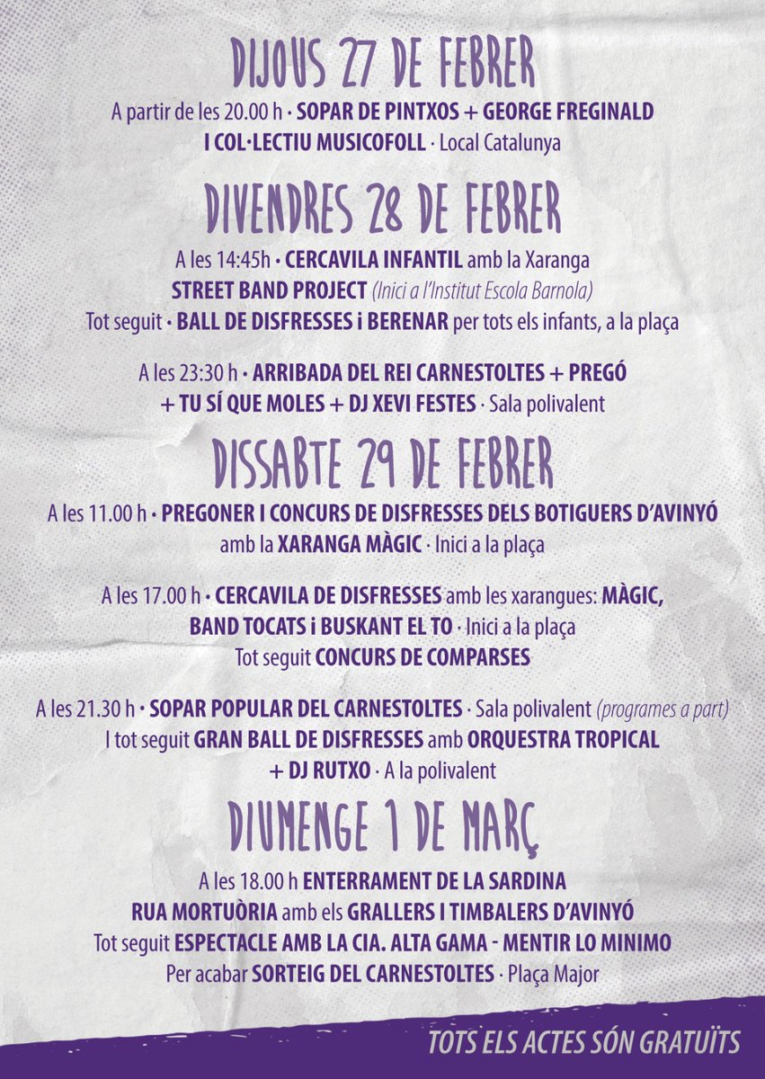 carnavalavinyo's tweet photo. Ja el tenim aquí! El programa complet del Carnestoltes d'Avinyó 2020! A Avinyó fem Carnestoltes i estem de 40è Aniversari! #carnestoltesavinyó2020 #aavinyófemcarnestoltes @musicofolls @XarangaMagic @bandtocats @TropicalGrup #djrutxo #xevifestes #ciaaltagama https://t.co/FDWwp9koav