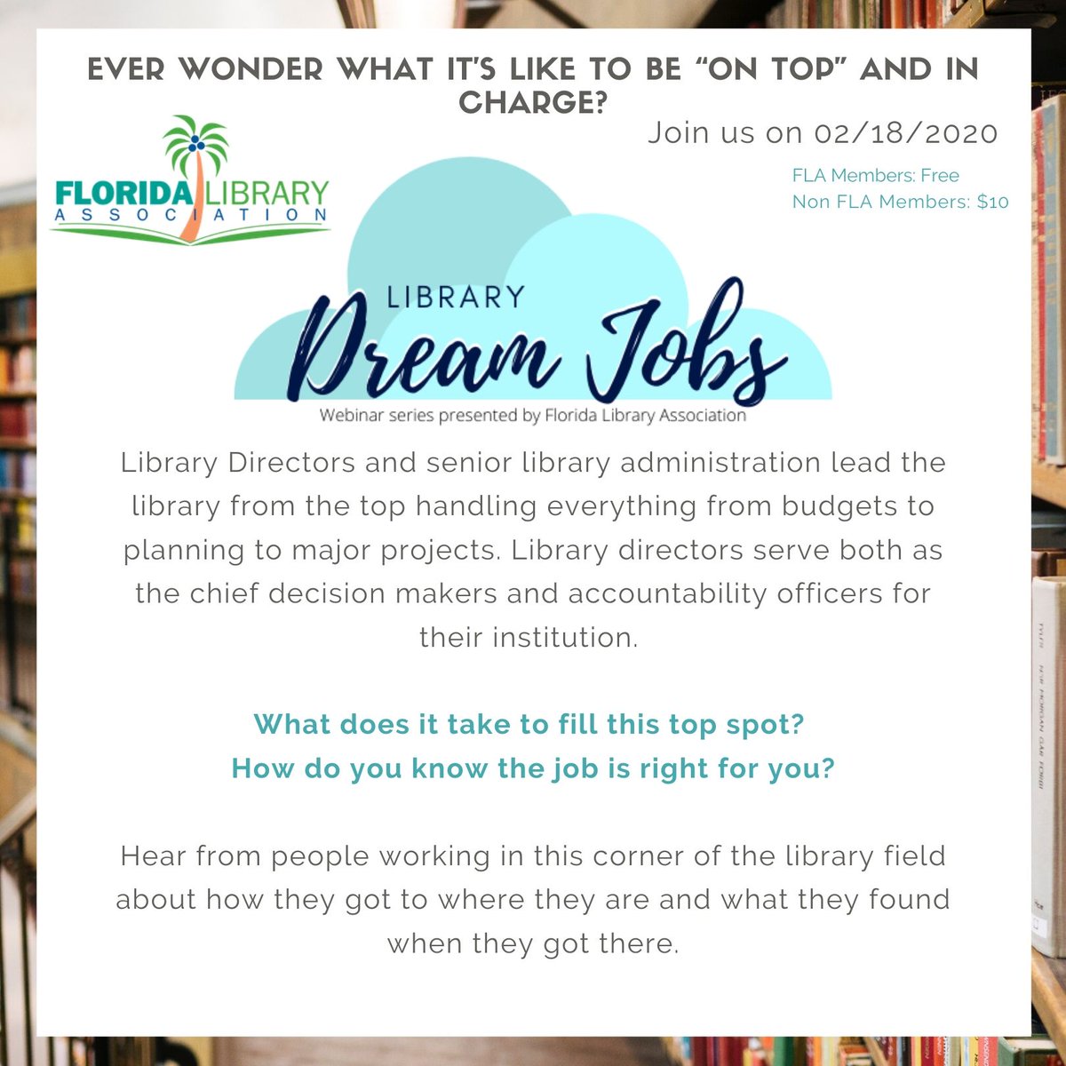 TweetFLAlibrary's tweet photo. Don’t forget, Tuesday 2/18 is the first Library Dream Jobs webinar at 11am EST. Find out more here: https://t.co/rZghfh3ZOw https://t.co/cavhsM9RI7