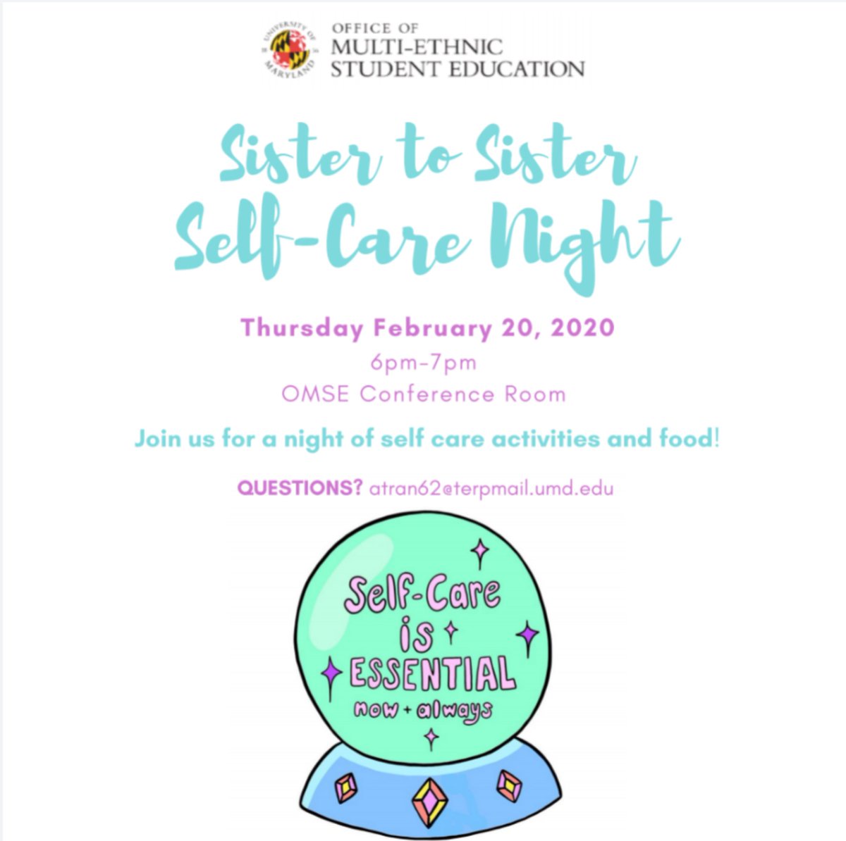 SistersUMD's tweet photo. Hi y'all! Hope you are having a great day! Sister to Sister is hosting a GBM dedicated to self care during the semester! There will be DIY facemasks, body scrubs, and scented rice socks! Hope to see y'all there! ☺️ https://t.co/xL3xRZEMyW