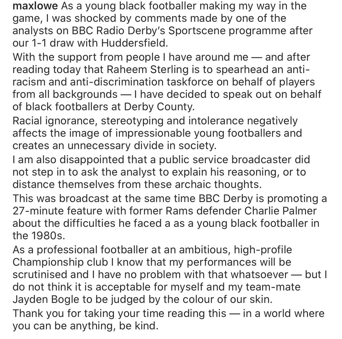 Derby County’s Max Lowe has just posted this on his instagram 😡 

It’s embarrassing that BBC Derby have provided a platform for this type of racial stereotyping. No amount of education will stop this ignorance.