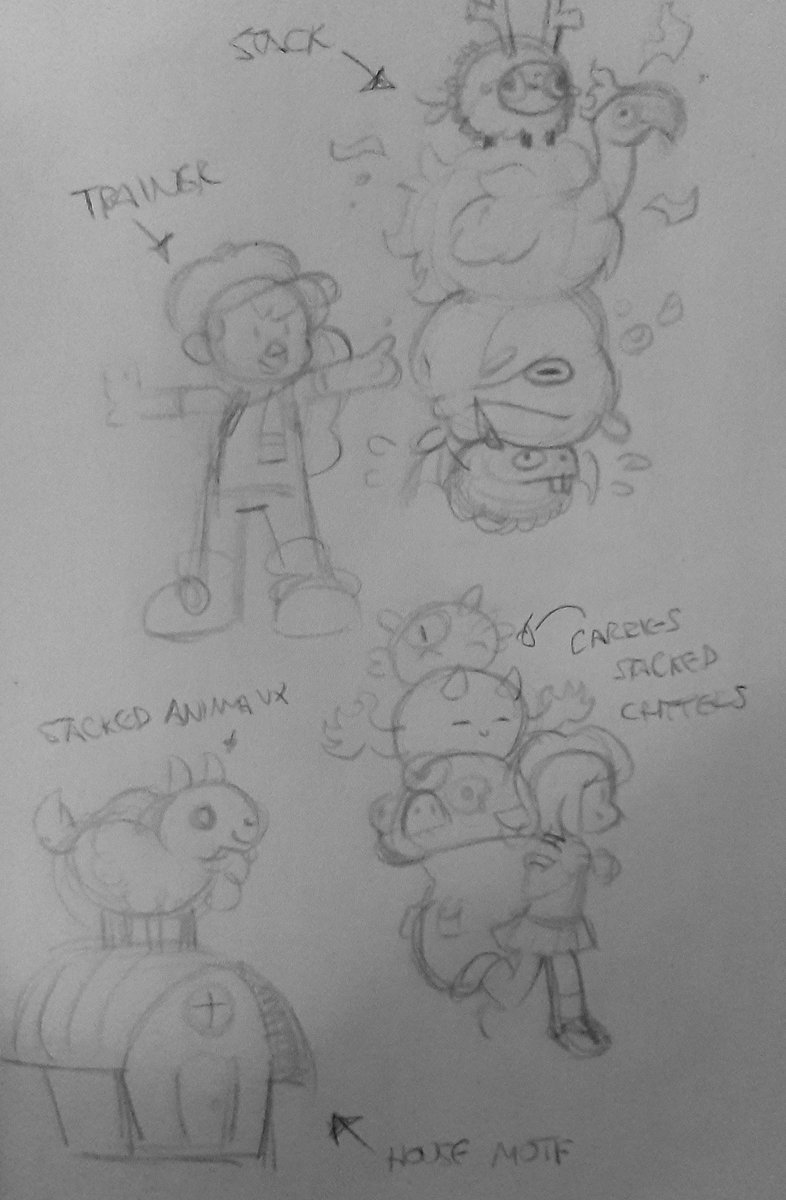 Sketches for a game idea! It's basically Pokémon EXCEPT! You stack animals for different combos and stat bonuses.

The working title is "Stakapon". 