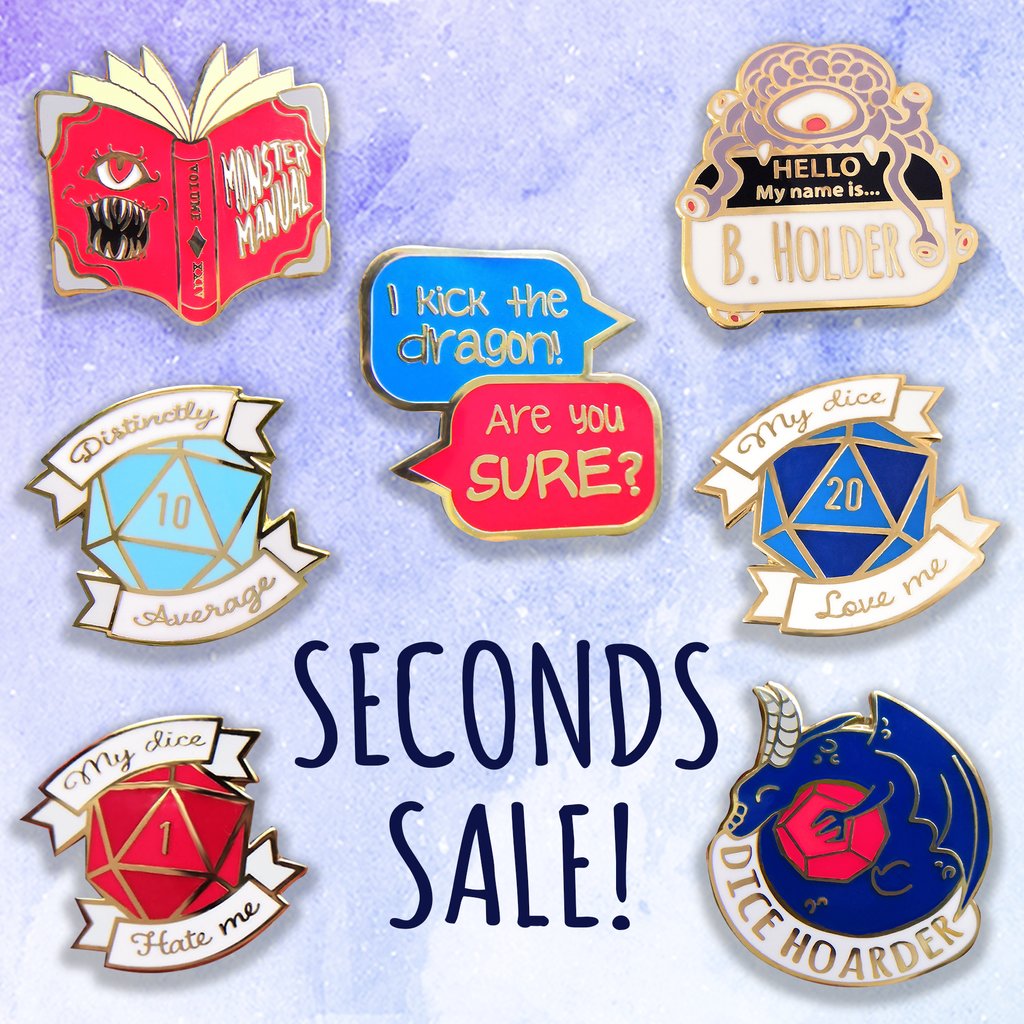 SmaydayDraws's tweet image. Don't mind a few flaws in your enamel pins? Then you'll love the Let's Roll seconds pin sale which starts today :D You can get flawed pins at 40% off in my Etsy store - great for wearing on bags or if you're on a tight pin budget :) buff.ly/37spXil #pinsale #ttrpg #dnd