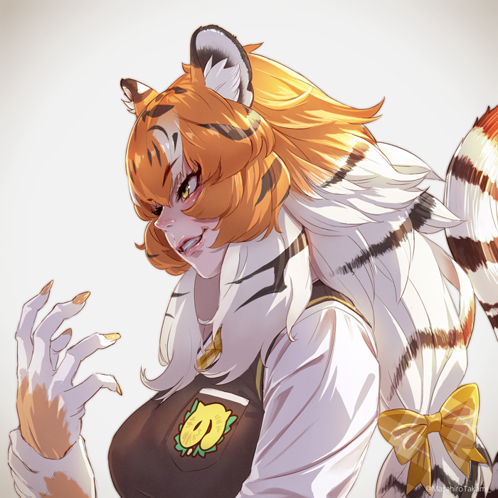 たかみ イラストレーター よこがおフレンズ お題箱から けものフレンズ から アムールトラ の横顔を見てみたいです ボリュームのある派手な髪に全フレンズでも屈指の大人っぽくクールなアムールトラは よこがおフレンズの絵にぴったり映えると思い