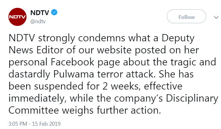 Dear  #NDTV, I really do hope that the young lady is back in the safety of your studios since it has been over a year since here 'inadvertent' celebrations at the martydrom of the CRPF boys in Pulwama, 'coz I really didn't see your disciplinary committee taking any further action.