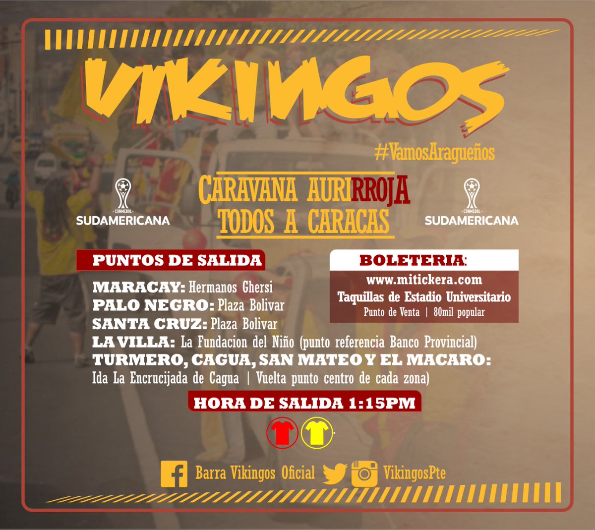 VikingosPte's tweet photo. ¡¡¡CARAVANA AURIRROJA!!! 🚌🚌🚌 🇲🇰

Los VIKINGOS nos vamos a Caracas y alentaremos a nuestro @AraguaFC en el Partido de VUELTA de la Fase I de la @Sudamericana vs @coquimbounido

EN SILENCIO TÚ NUNCA VAS A JUGAR 🎵💛❤️

#SoloAragua #SoloVikingos #ConmebolSudamericana https://t.co/pmNEsXBPMI