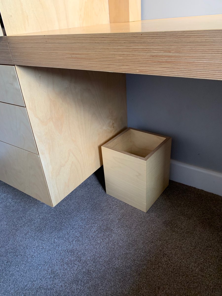 The whole bed and wardrobe all float above the floor to help make the room look less cramped.  My son made the bespoke bin! One image of the scribed doors and drawer fronts down the wall.  I angled the whole unit slightly to make sure the drawers didn’t catch when open #details