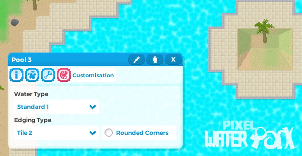 PixelWaterPark's tweet photo. With the new pool customisation options you can change water type, edging type and choose between square or rounded corners

#IndieDev #PixelArt #PixelWaterPark 🌊 https://t.co/VlrjHWqJ2B