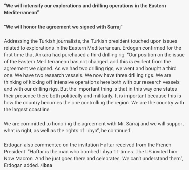 Erdogan confirms the purchase of a third drilling rig! | 15/02/2020  https://balkaneu.com/erdogan-confirms-the-purchase-of-a-third-drilling-rig/  #EastMed  #EEZ  #Lybia  #Turkey  #Haftar  #Macron"We will intensify our explorations and drilling operations in the Eastern Mediterranean”“We will honor the agreement we signed with Sarraj”