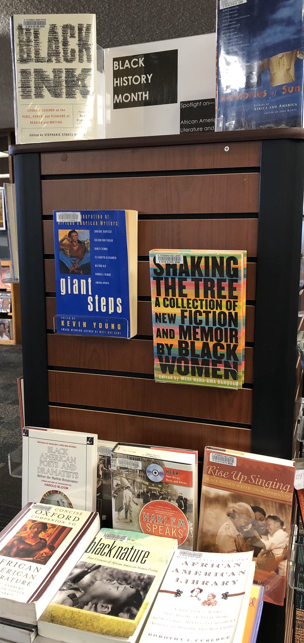 Black History Month book display featuring non-fiction about black authors and literature.