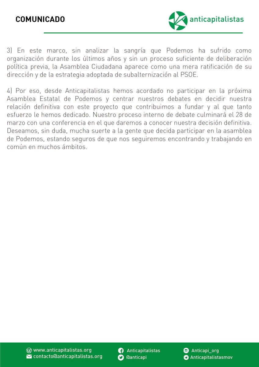 anticapi's tweet photo. 📌COMUNICADO:

Esta mañana, en la reunión de nuestra Coordinadora Confederal, hemos decidido por unanimidad no participar en la próxima Asamblea Estatal de Podemos y centrar nuestros debates en definir nuestra relación definitiva con el proyecto (hilo)👇

https://t.co/dv81lN489Q https://t.co/uPv6G3Z5IG