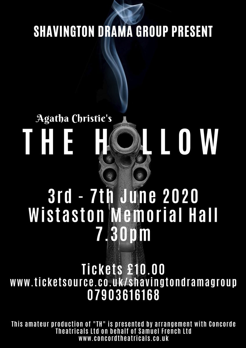 Our first 2020 production will be Agatha Christie's The Hollow 3rd - 7th June 2020 

a play read through on Wed 19th Feb starting at 730pm at Wistaston Cricket Club with auditions being held the week after on the 26th (Same time and venue)