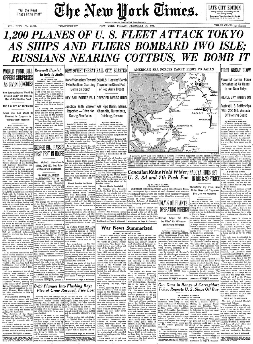 Feb. 16, 1945: 1,200 Planes Of U.S. Fleet Attack Tokyo As Ships And Fliers Bombard Iwo Isle; Russians Nearing Cottbus, We Bomb It  https://nyti.ms/39IGoc5 