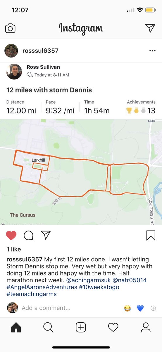 So proud of Ross doing 12 miles in preparation for the marathon even in storm Dennis @AchingArms. #achingarms 
#achingarmsuk #londonmarathon 
#charity #virginmoneylondonmarathon 
#VMLM 
#runningforachingarms
#AngelAaronsAdventures 
#teamachingarms 
uk.virginmoneygiving.com/RossSullivan3/1