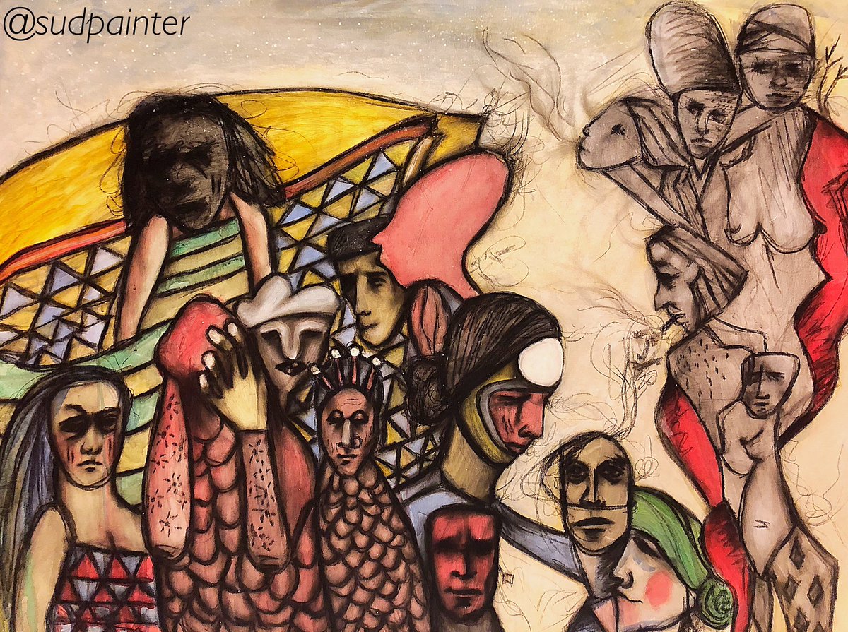 sudpainter's tweet photo. New art work ✨
"أنا نَفسِي قصيـر ... من شُرب القَامشـة  الشِـيشة .. البنقو .. ومضْغ القَـات .. سف التُمبـاك 
شـمّ البنزِيـن .. الجِن .. الطِيٰن ! 
برد الاحـرَاش .. حرَ الزنازِيْـن 
من يسقٌط 
وعَاش ! 
أضّـرُب بِإيـديْ 
قرّبت اطِيـر ."
Acrylic and charcoal on canvas
Size 100 x 120 https://t.co/gRlo9MH4Rq