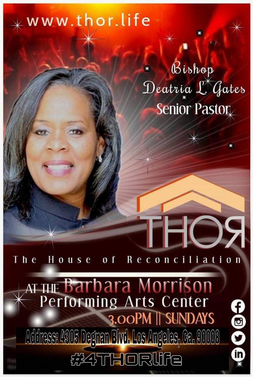 4thorlife's tweet photo. Join #ThorLive with #BishopDeatriaLGates 3pm for our #familyandfriends #praiseandworship ##3rdSunday service.
We will be at the BMPAC located at 4305 Degana Blvd. Los Angeles, Ca. 90008
You don't want to miss the WORD!!!
#4THORlife https://t.co/Jd5mwGjc08