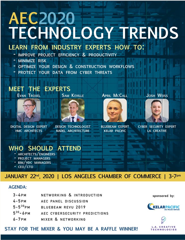 LACreativeTech's tweet photo. On January 22nd, 2020 the AEC2020 Technology Trends will take place. There will be a lot of interesting talk from our experts on different subjects like cybersecurity, design, productivity and so on. 

You'll also have the opportunity to network with people from your industry. https://t.co/hto5dz8vvc