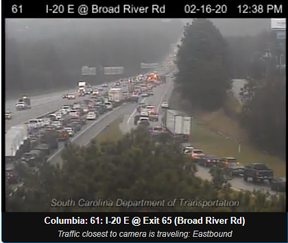 nataliegparsons's tweet photo. #trafficALERT: ALL LANES blocked EASTBOUND along I-20 near BROAD RIVER RD/EXIT 65 in @columbiasc for an #accident. Avoid the interstate until further notice!!! Delays are to #MalfunctionJunction. (@SCDOTMidlands) https://t.co/Lar5QN0jUG