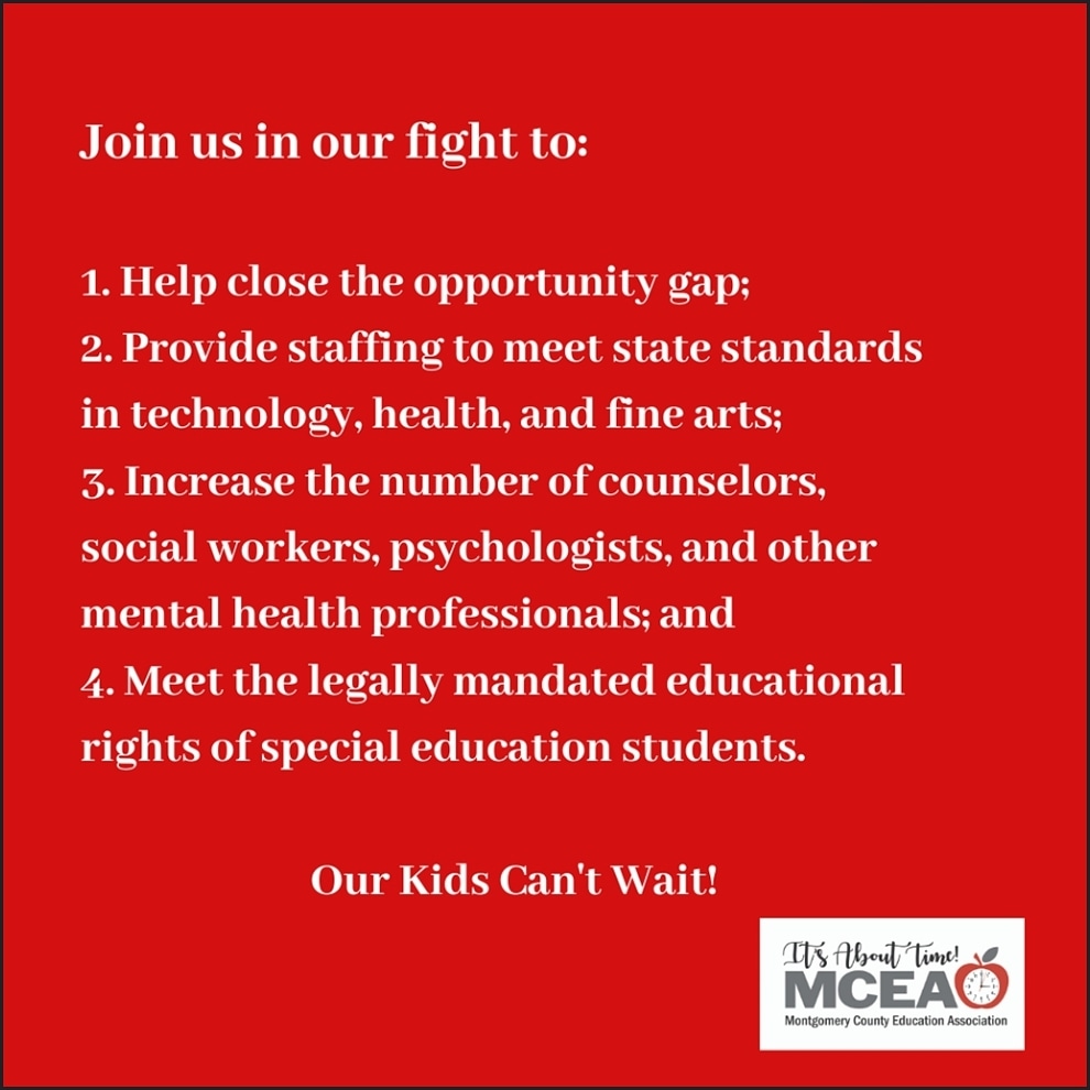 mceanea's tweet photo. Attention Community Members: Can we count on you to stand in support of MoCo Educators in our fight for the schools our students deserve? Sign up at https://t.co/Ud3gvFLcQ9 to receive more info. on how you can get involved.🍎 #MCEARedForEd #QualityEducationForAll https://t.co/C5XvotiY5p