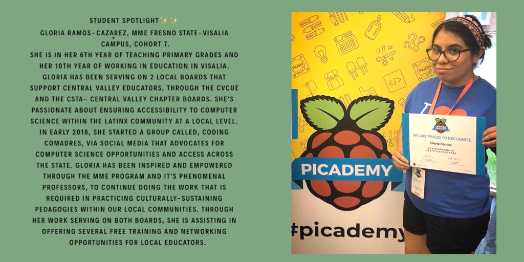 MMEcsufresno's tweet image. ✨✨Student Spotlight✨✨
Gloria Ramos-Cazarez, Visalia Campus.

Come see her at the very first Raspberry Pi Jam in the Central Valley on March 7th! The CSTA-Central Valley Chapter is hosting a FREE training on Saturday, 3/7 for anyone who is interested!